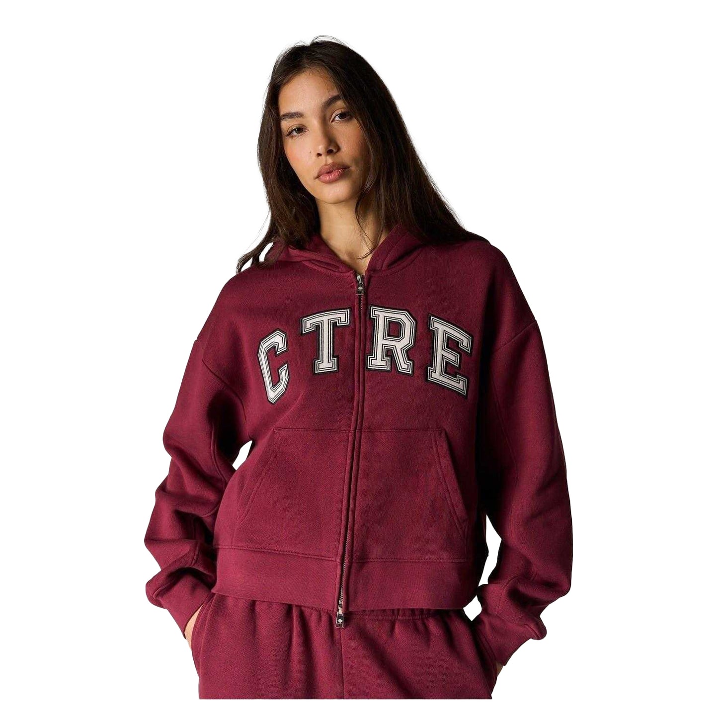 Burgundy - Side - Couture Womens-Ladies Applique Logo Cotton Full Zip Hoodie