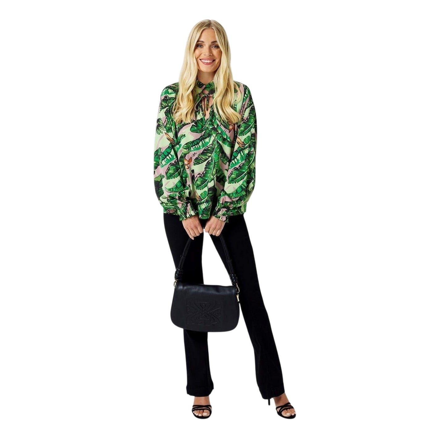 Green-Multicoloured Print - Pack Shot - Biba Womens-Ladies Banana Leaf Satin Ruffle Neck Blouse