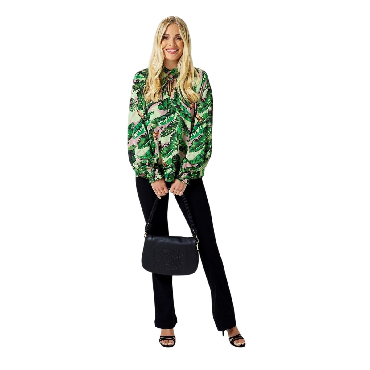 Green-Multicoloured Print - Pack Shot - Biba Womens-Ladies Banana Leaf Satin Ruffle Neck Blouse