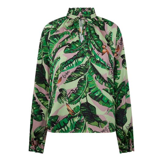 Green-Multicoloured Print - Front - Biba Womens-Ladies Banana Leaf Satin Ruffle Neck Blouse
