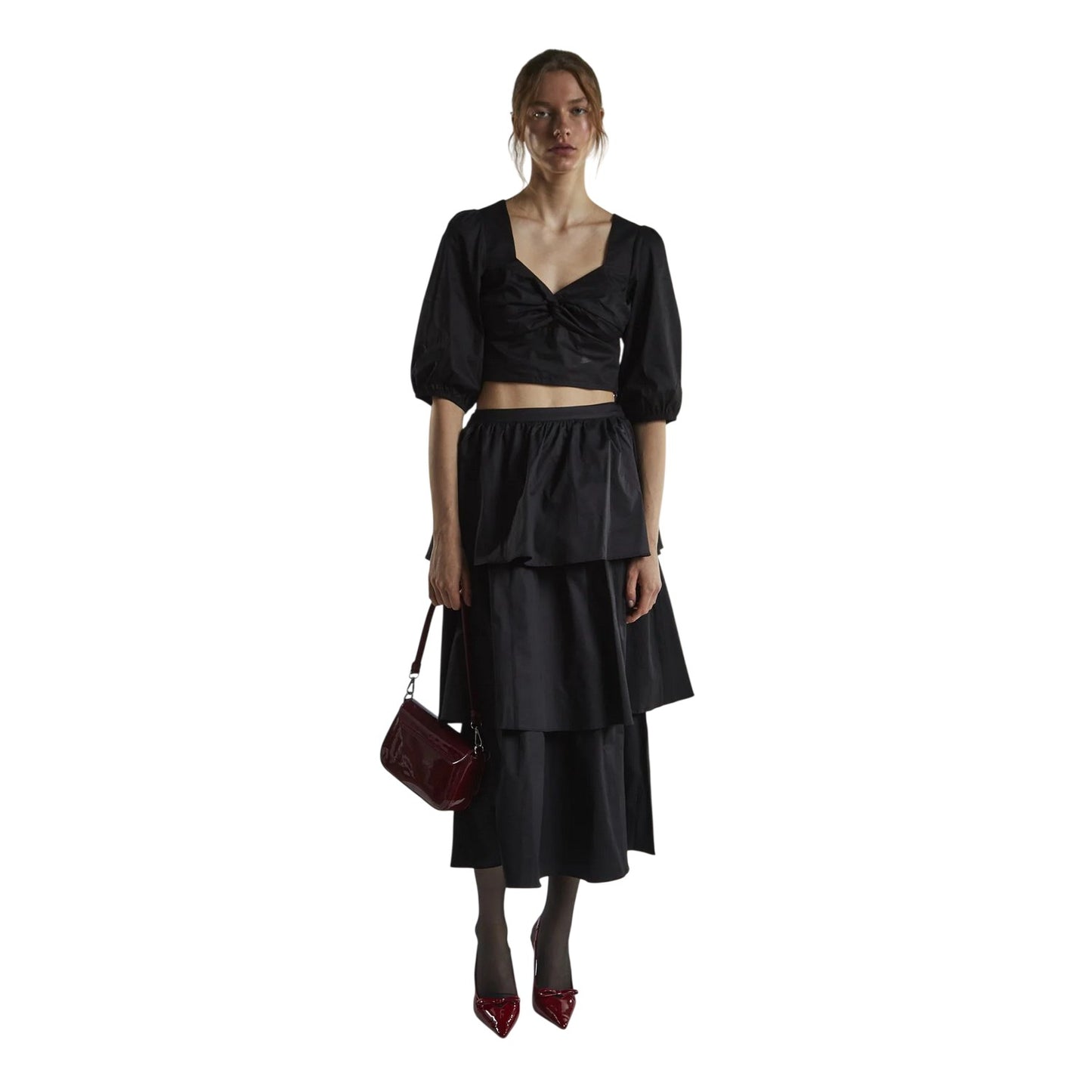 Black - Lifestyle - Glamorous Womens-Ladies Twisted Knot Front Puff Sleeve Crop Top