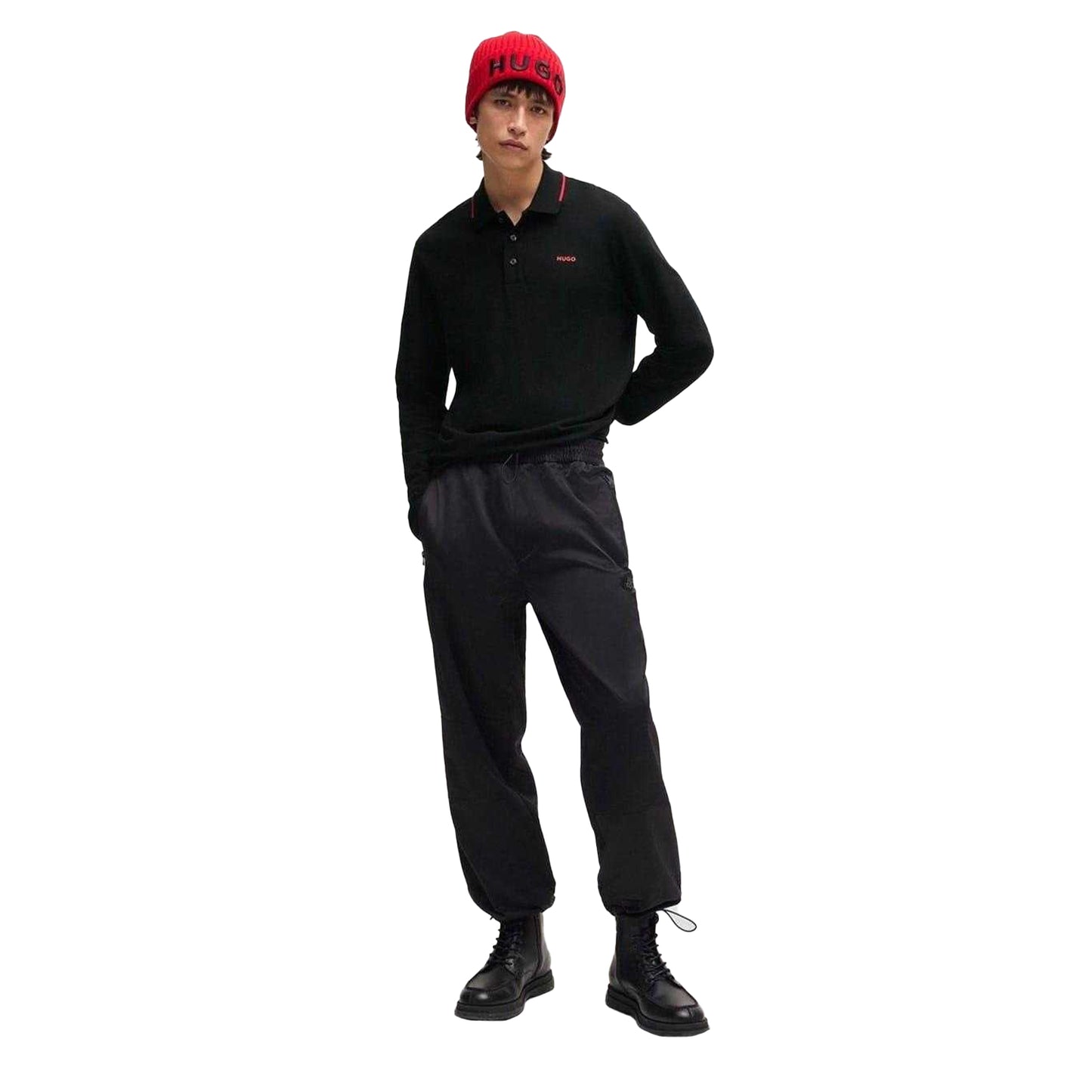 Black - Pack Shot - Hugo Mens Derriko Long-Sleeved Polo Shirt