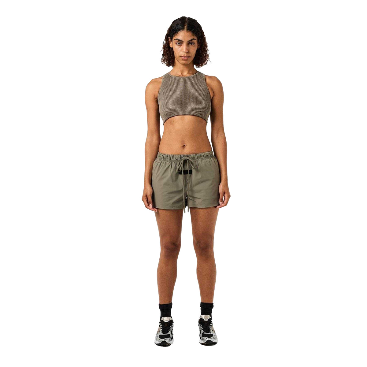 Heather Grey - Pack Shot - Fear Of God Essentials Womens-Ladies Patch Ribbed Logo Crop Top