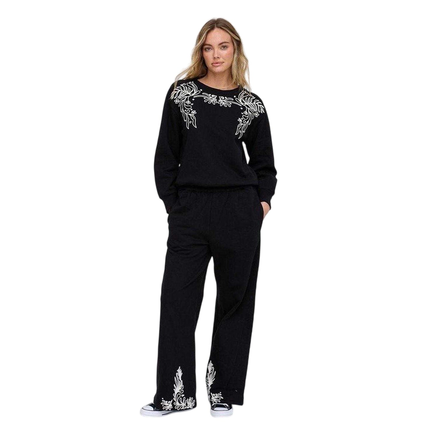 Black - Side - Raffya Womens-Ladies Marmalade Embroidered Wide Leg Trousers