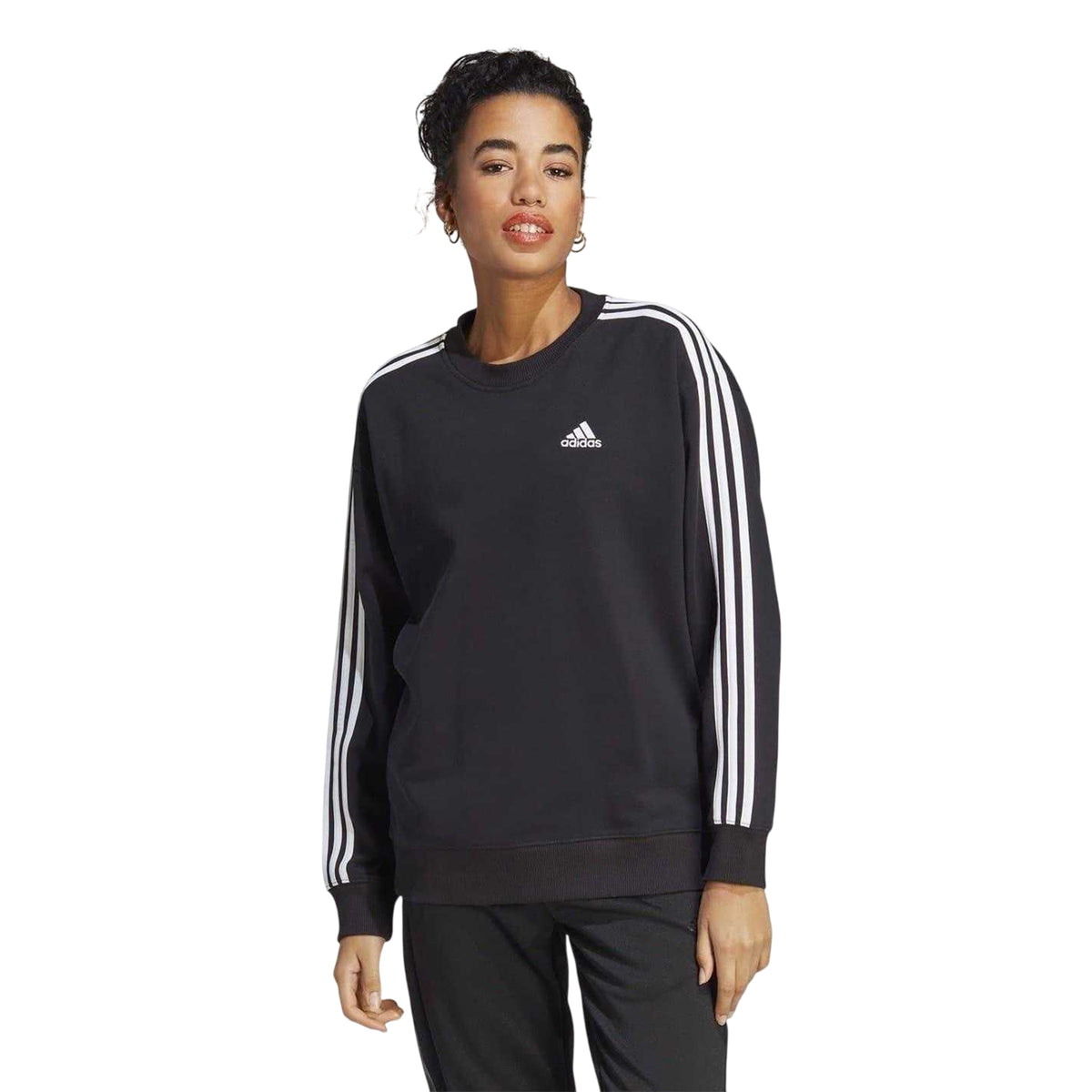 Black-White - Side - Adidas Womens-Ladies Studio Lounge 3 Stripes Loose Fit Sweatshirt
