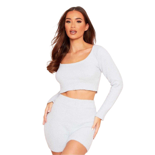 Blue - Front - Missy Empire Womens-Ladies Borg Scoop Neck Long-Sleeved Crop Top