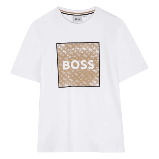 White - Front - Boss Childrens-Kids Monogram Cotton Logo T-Shirt