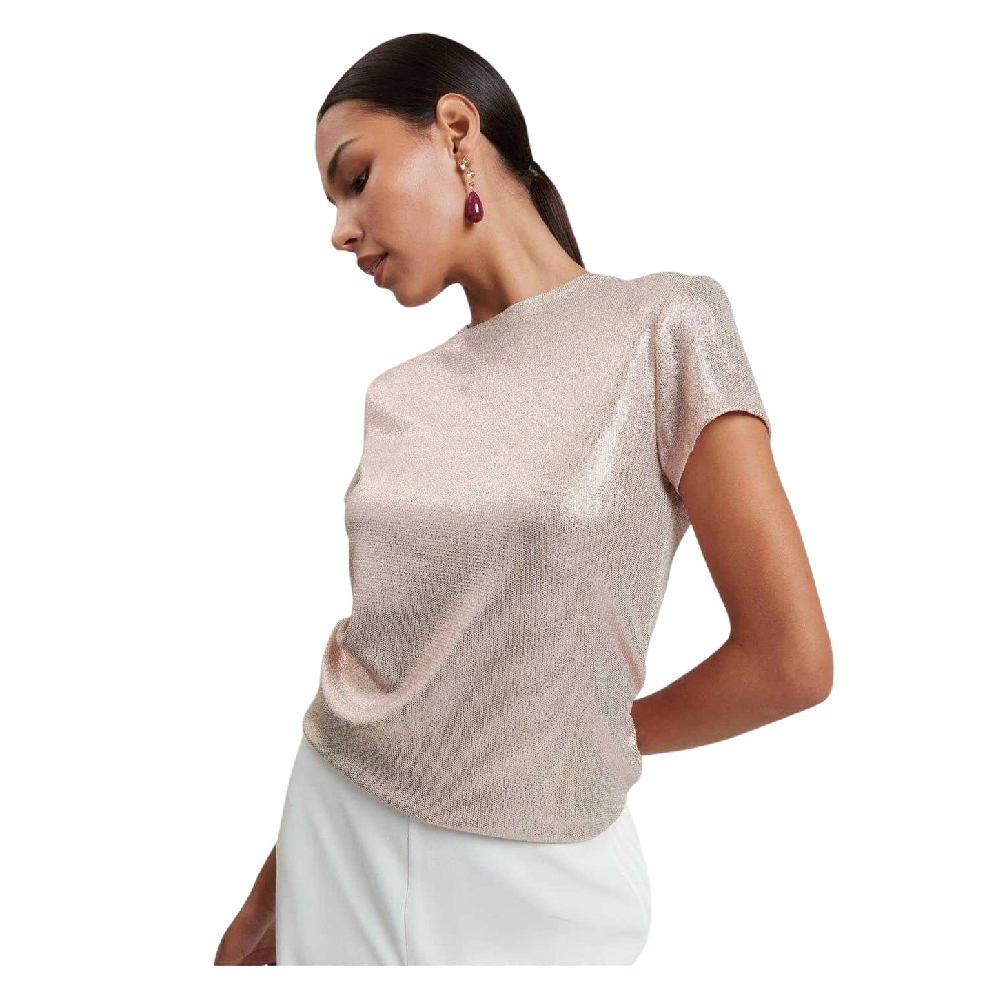 Pink - Side - Ted Baker Womens-Ladies Metallic Slim T-Shirt