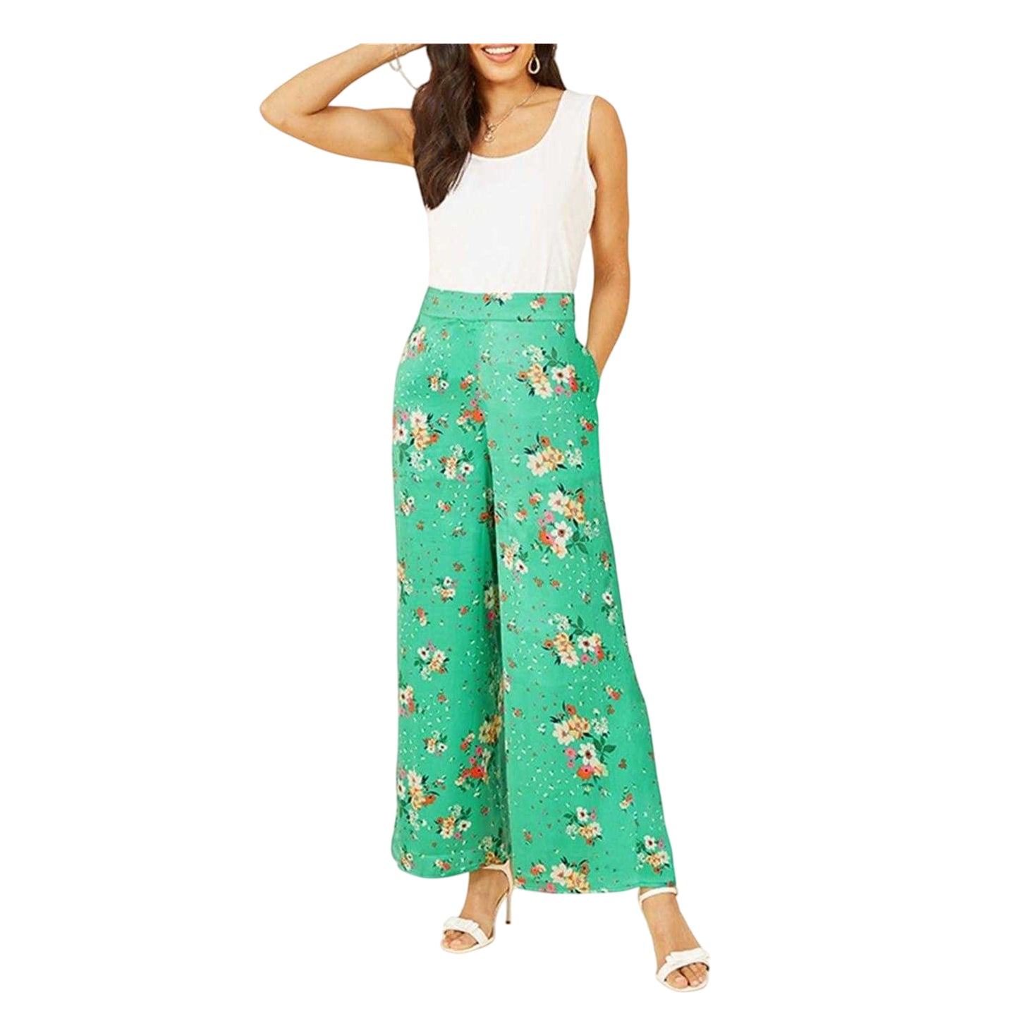 Green - Side - Yumi Womens-Ladies Satin Floral Wide Leg Trousers