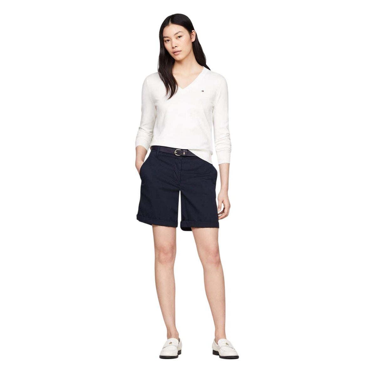 Ecru - Lifestyle - Tommy Hilfiger Womens-Ladies Cotton V Neck Sweater Top