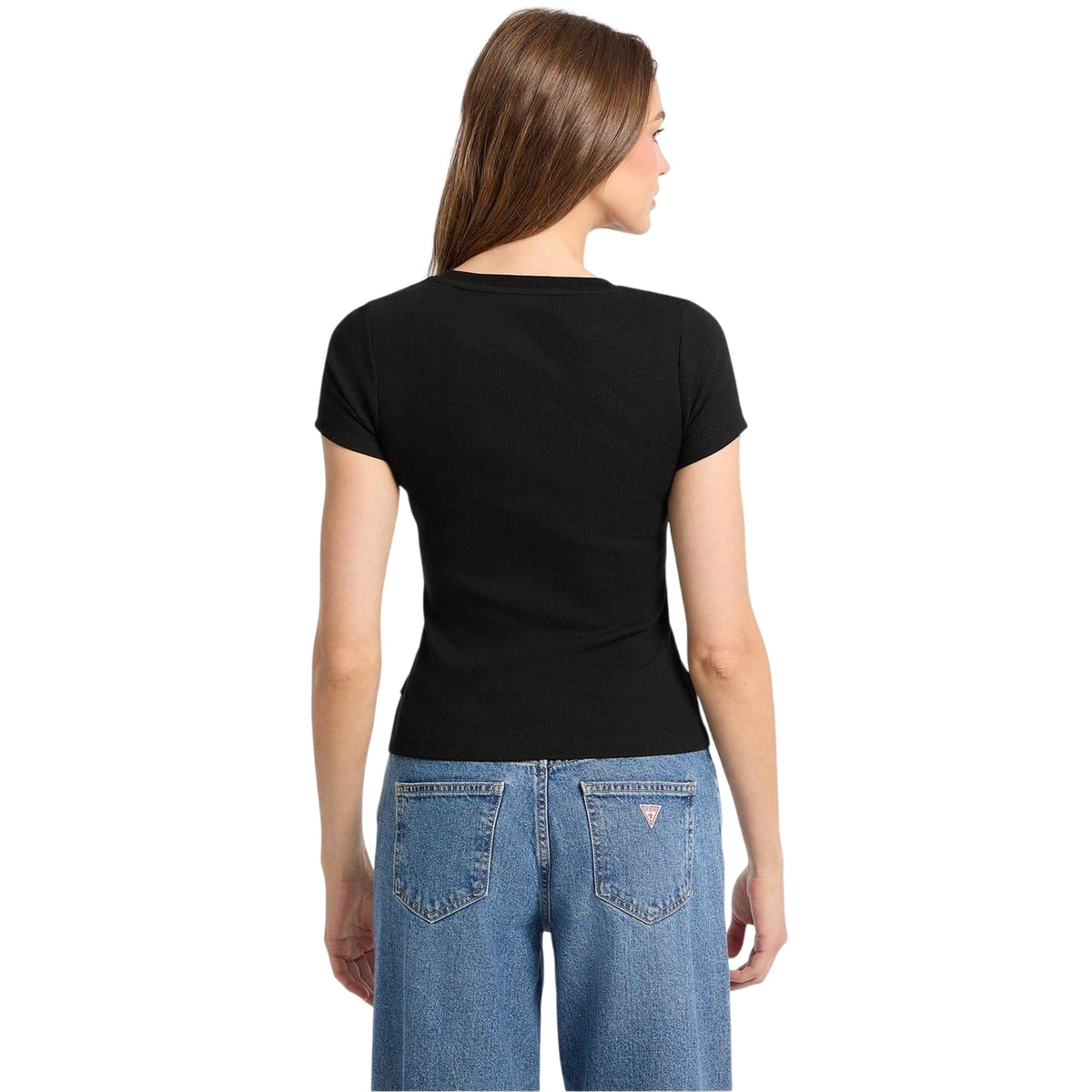 Jet Black - Back - Guess Womens-Ladies Oval Logo Ribbed Slim T-Shirt