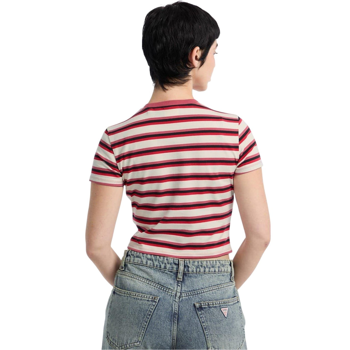 Fruit Punch - Back - Guess Womens-Ladies Striped Fitted Crop T-Shirt