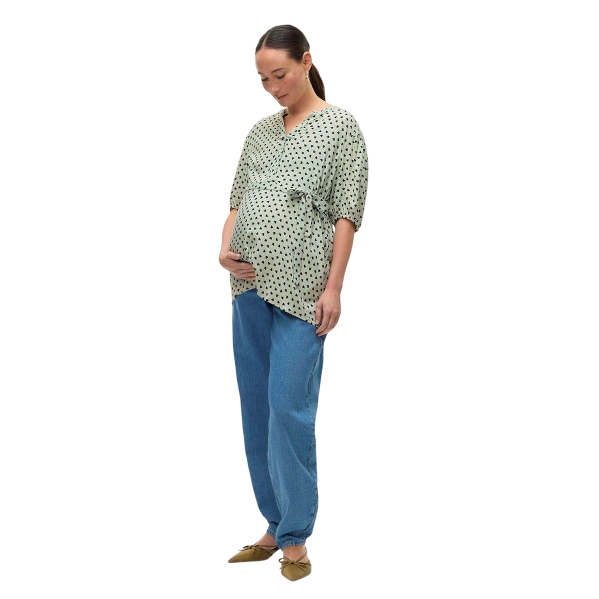 Cameo Green - Pack Shot - Mamalicious Womens-Ladies Hearts Maternity Puff Sleeve Blouse