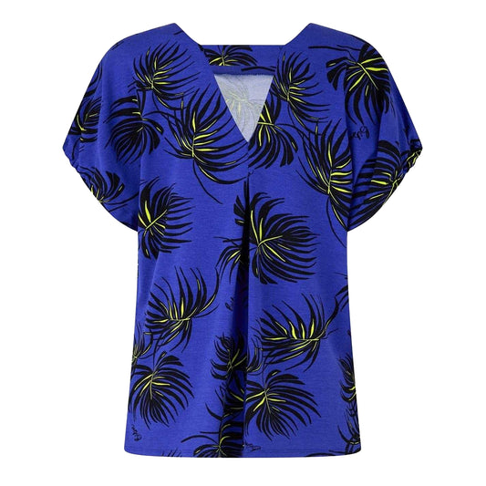 Blue - Front - Biba Womens-Ladies Leaf Print Jersey V Neck Relaxed Fit Blouse
