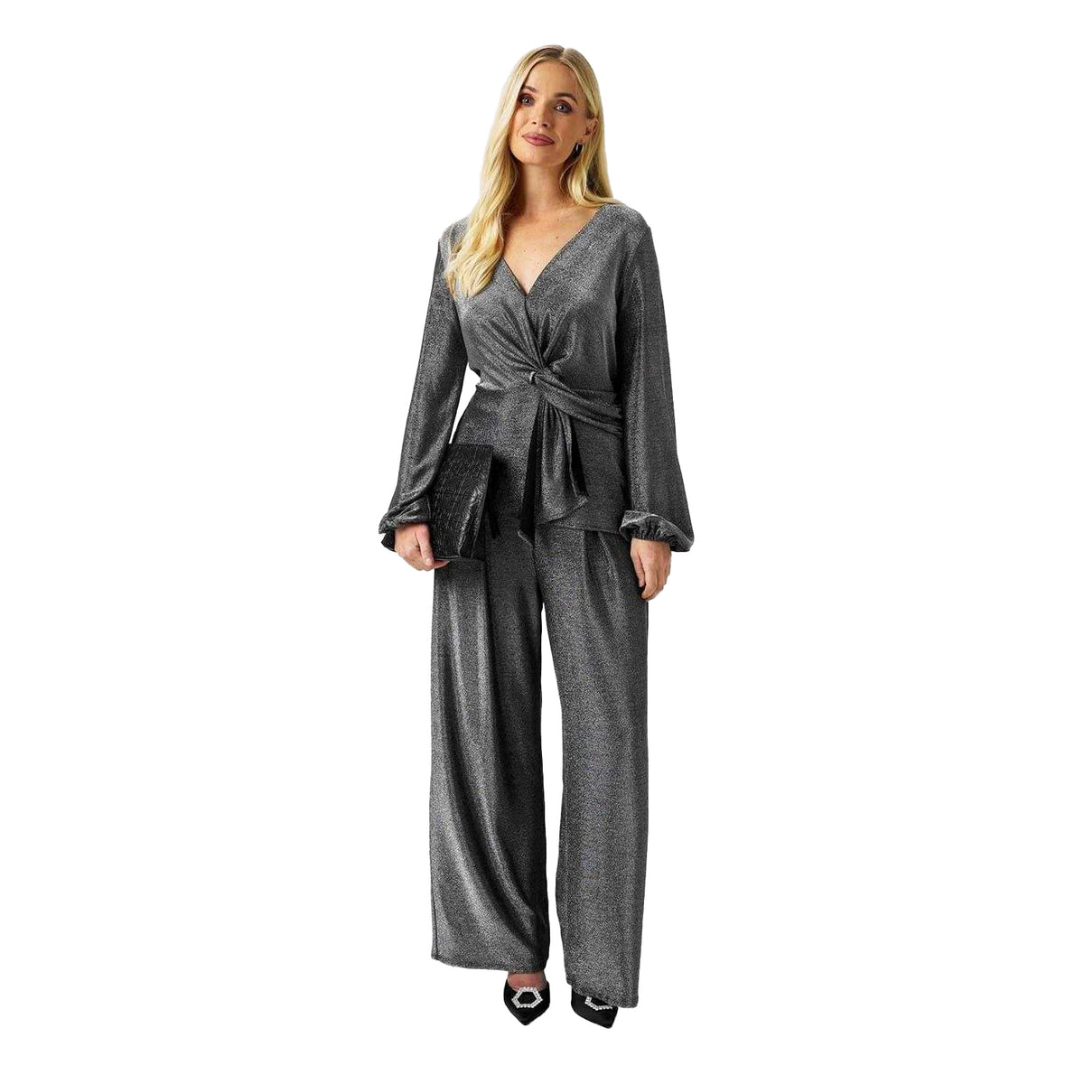 Silver - Pack Shot - Biba Womens-Ladies Metallic Twisted Knot Front Blouse