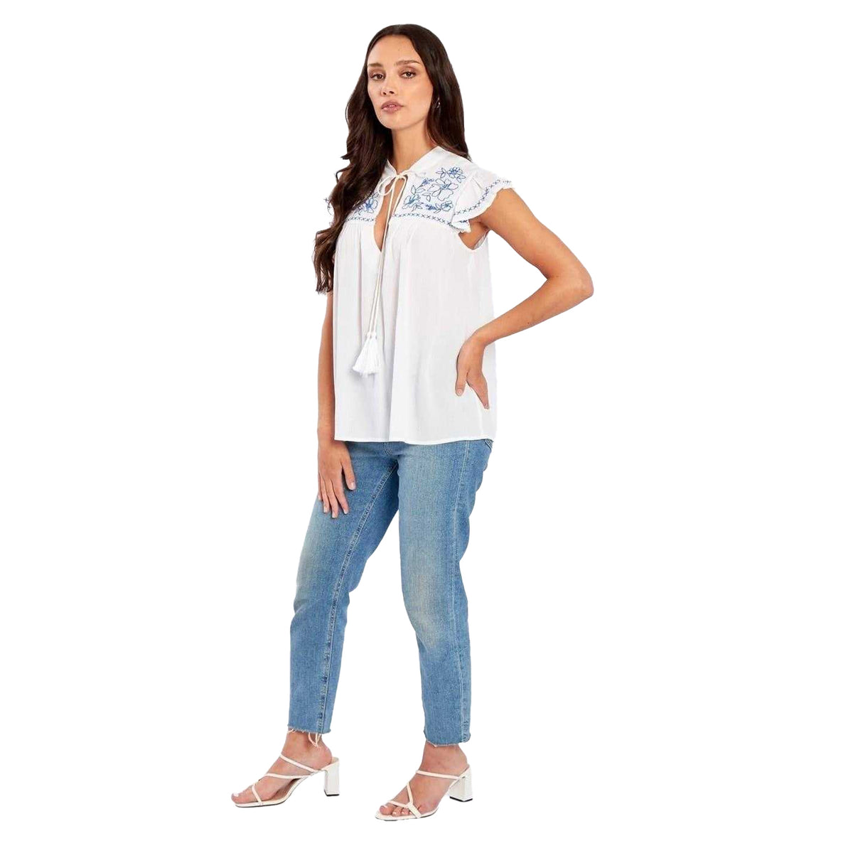White - Lifestyle - Be You Womens-Ladies Floral V Neck Relaxed Fit Blouse