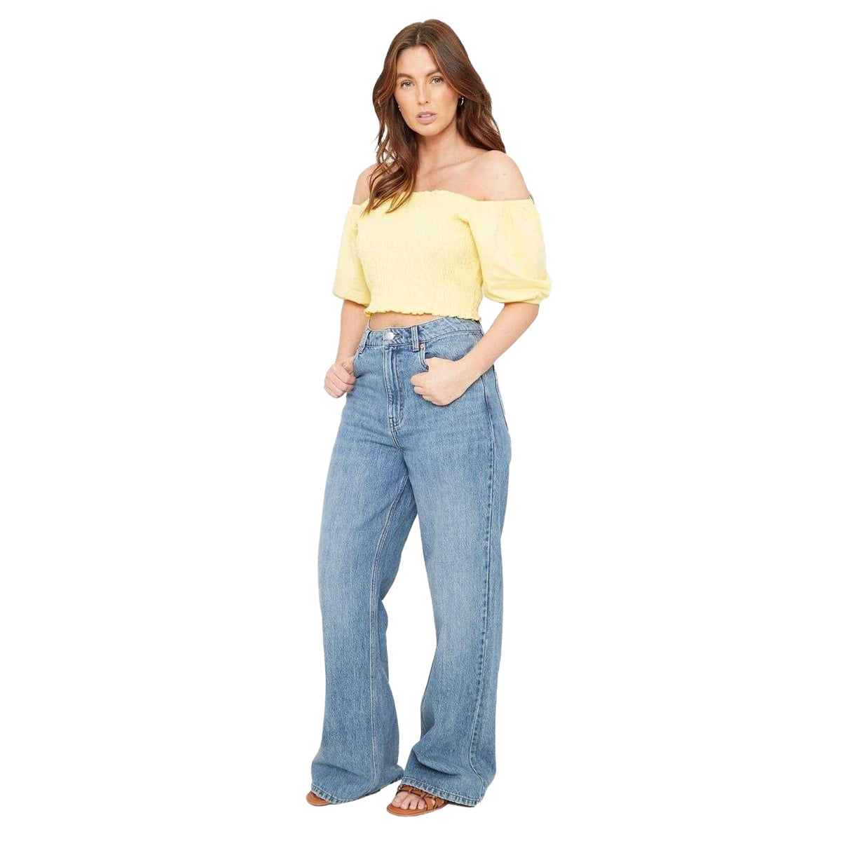 Lemon - Pack Shot - Be You Womens-Ladies Off Shoulder Regular Puff Sleeve Crop Top