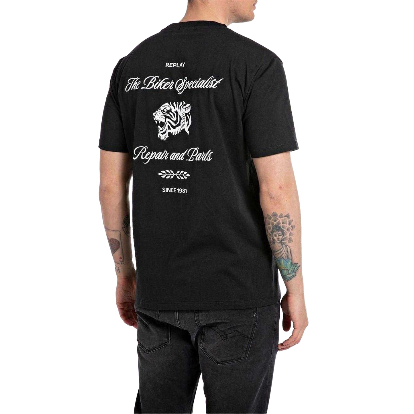 Black - Back - Replay Mens Moto Logo Regular T-Shirt