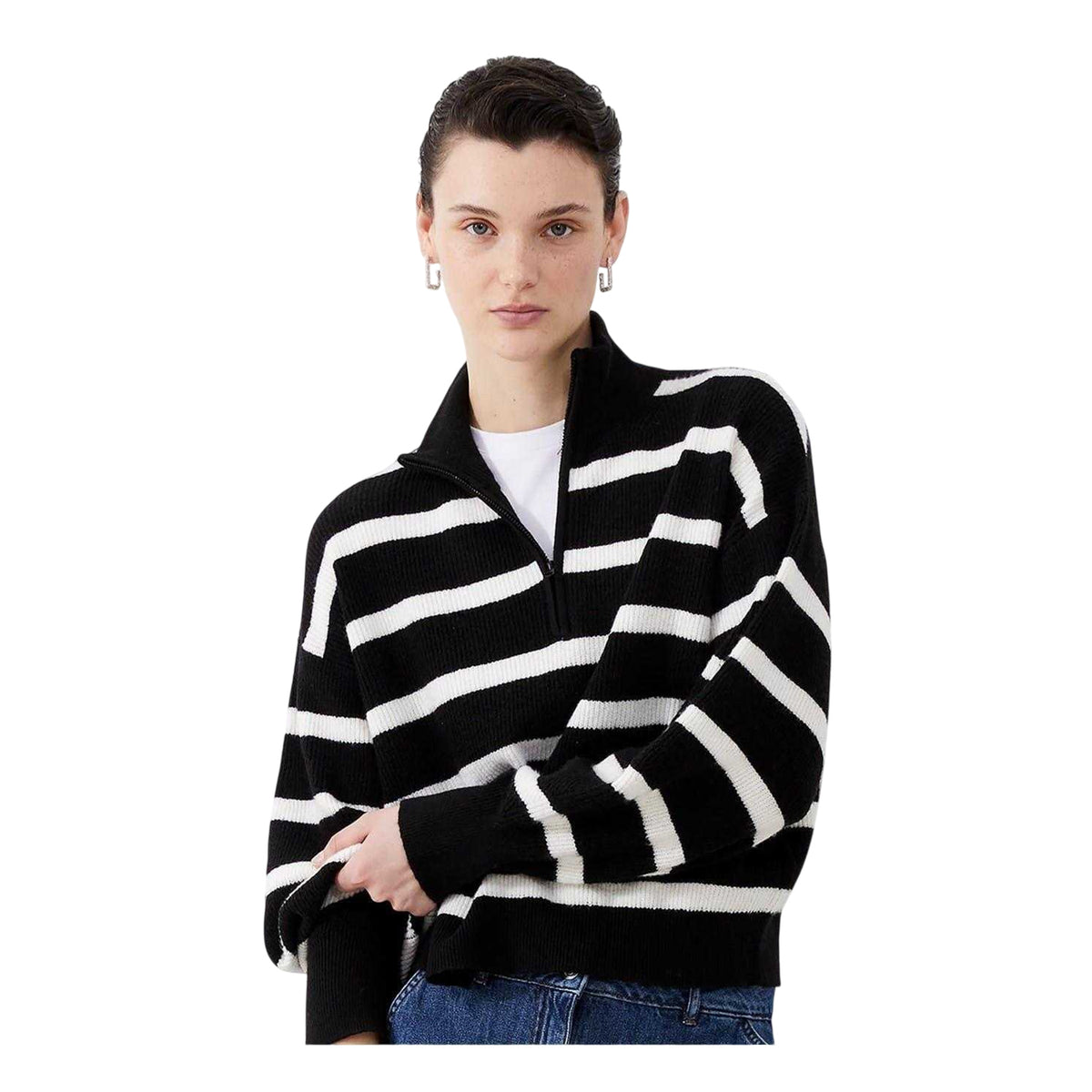 Black - Lifestyle - French Connection Unisex Adult Vhari Horizontal Stripe Zip Neck Relaxed Fit Sweater Top