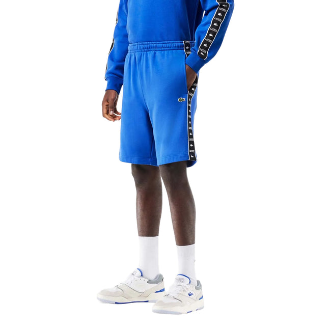 Blue - Side - Lacoste Mens Fleece Stripe Logo Shorts