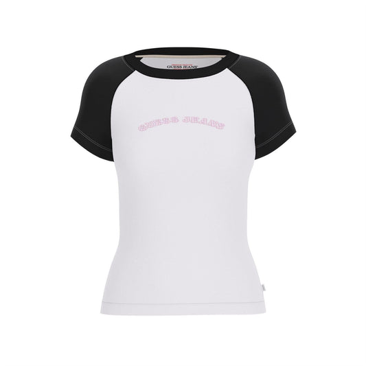 White - Front - Guess Womens-Ladies Curved Logo Slim Raglan T-Shirt