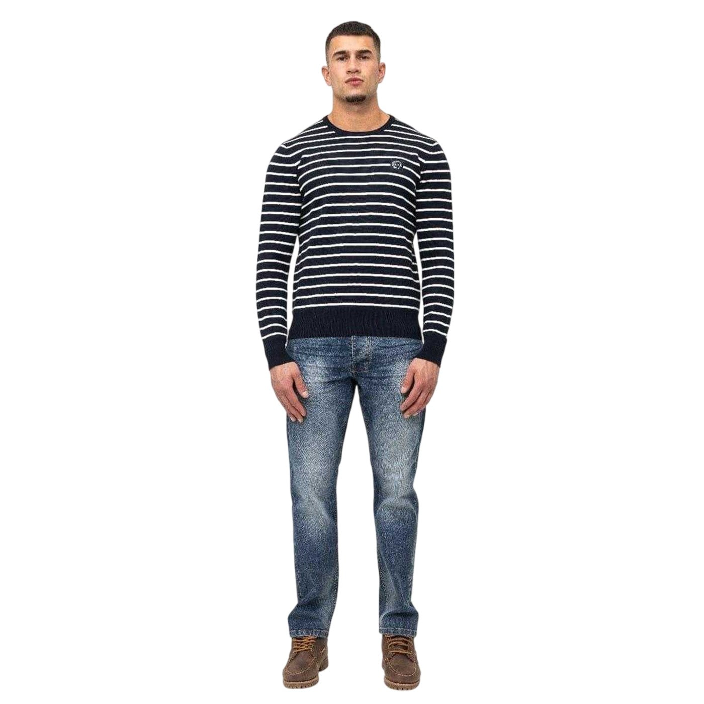 Navy - Pack Shot - Marshall Artist Mens Striped Rib Knit Sweater Top