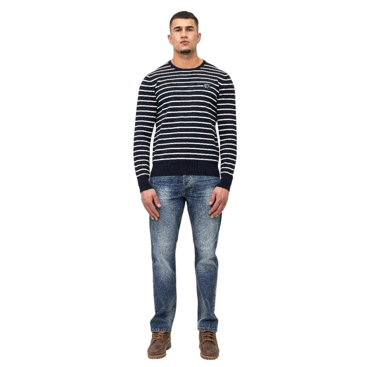 Navy - Pack Shot - Marshall Artist Mens Striped Rib Knit Sweater Top