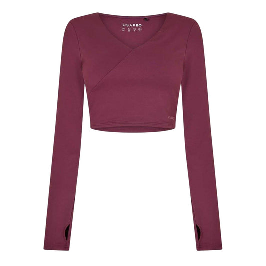 Dark Cherry - Front - USA Pro Womens-Ladies Cropped Wrap Top