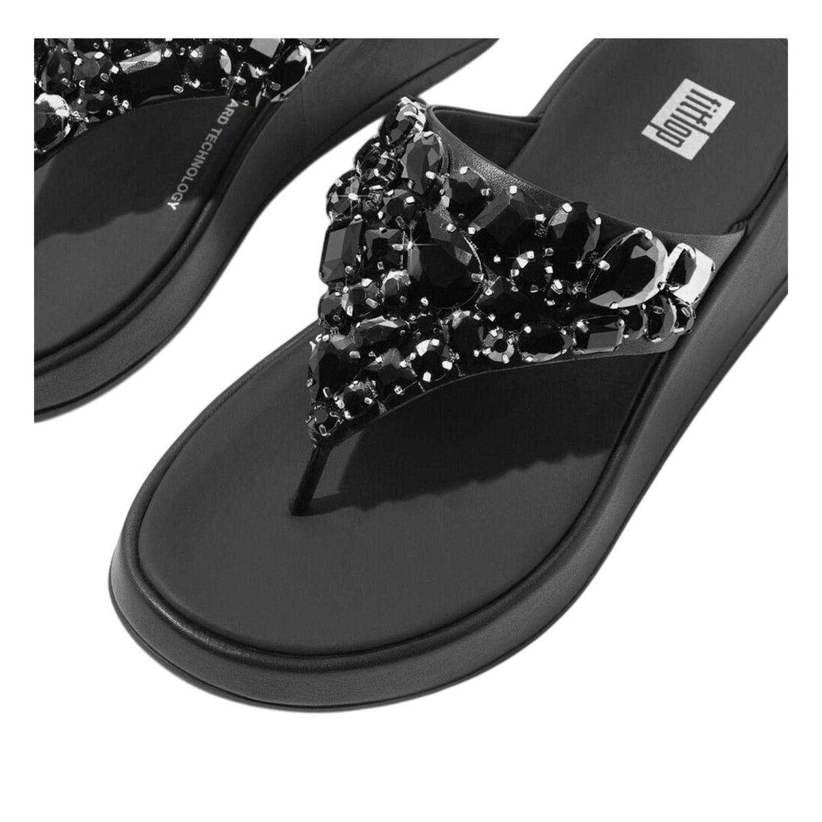 Black - Pack Shot - FitFlop Womens-Ladies Jewelled Leather Flatform Sandals