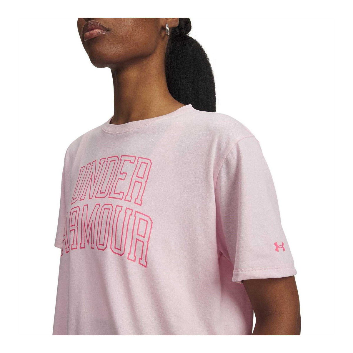 Pink - Side - Under Armour Womens-Ladies Rival Chest Logo Oversized T-Shirt