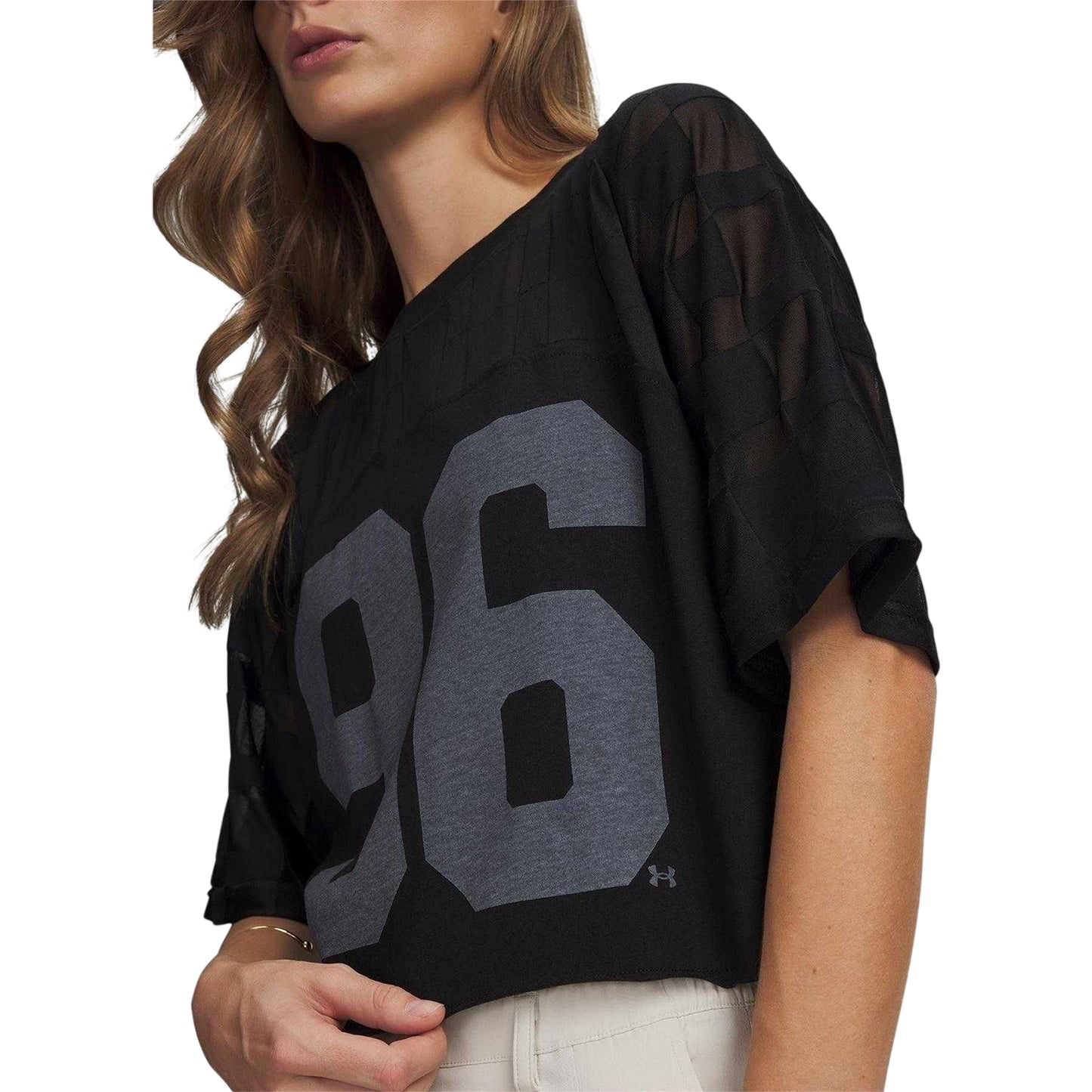 Black-White - Side - Under Armour Womens-Ladies Burnout 96 Checkered Regular Crop T-Shirt