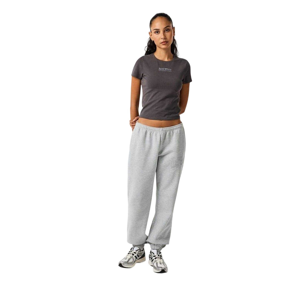 Grey - Pack Shot - Jack Wills Womens-Ladies Embroidered Cropped T-Shirt