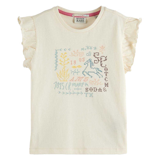 Cream - Front - Scotch And Soda Girls Embroidered T-Shirt
