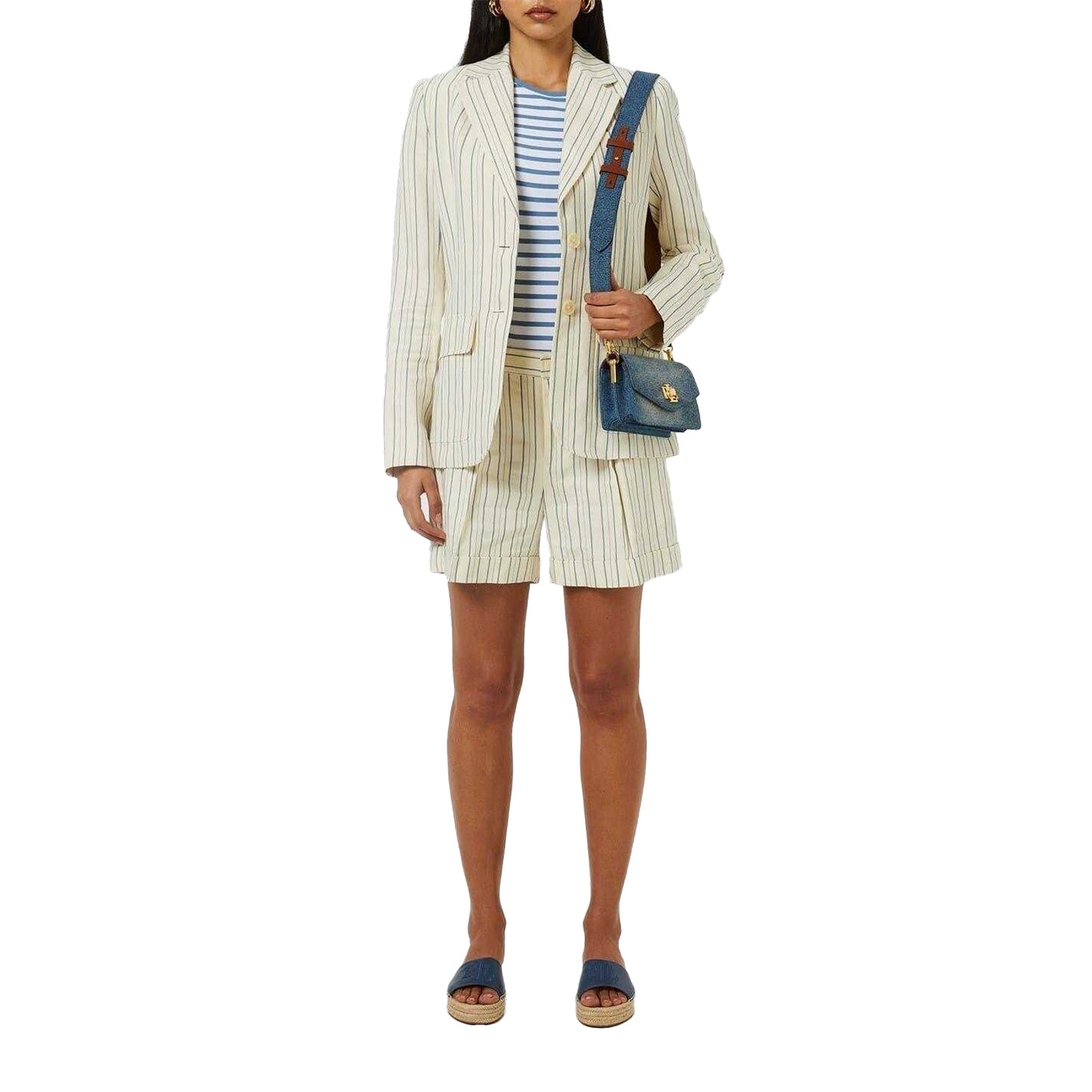 White-Azure Blue - Pack Shot - Ralph Lauren Womens-Ladies Striped Logo T-Shirt