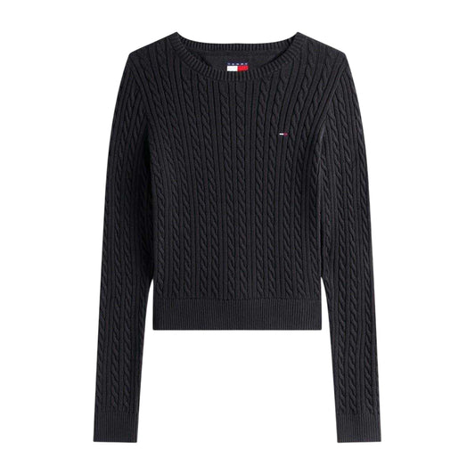Black - Front - Tommy Jeans Womens-Ladies Cable Knit Long-Sleeved Sweater Top