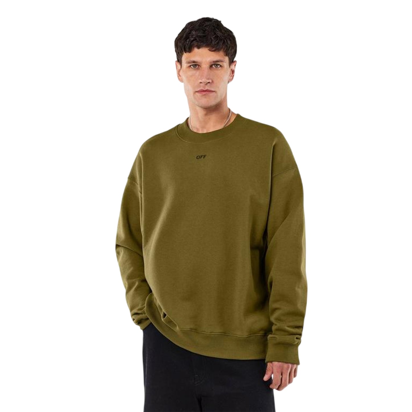 Moss-Black - Side - Off White Mens Crew Neck Long-Sleeved Sweatshirt