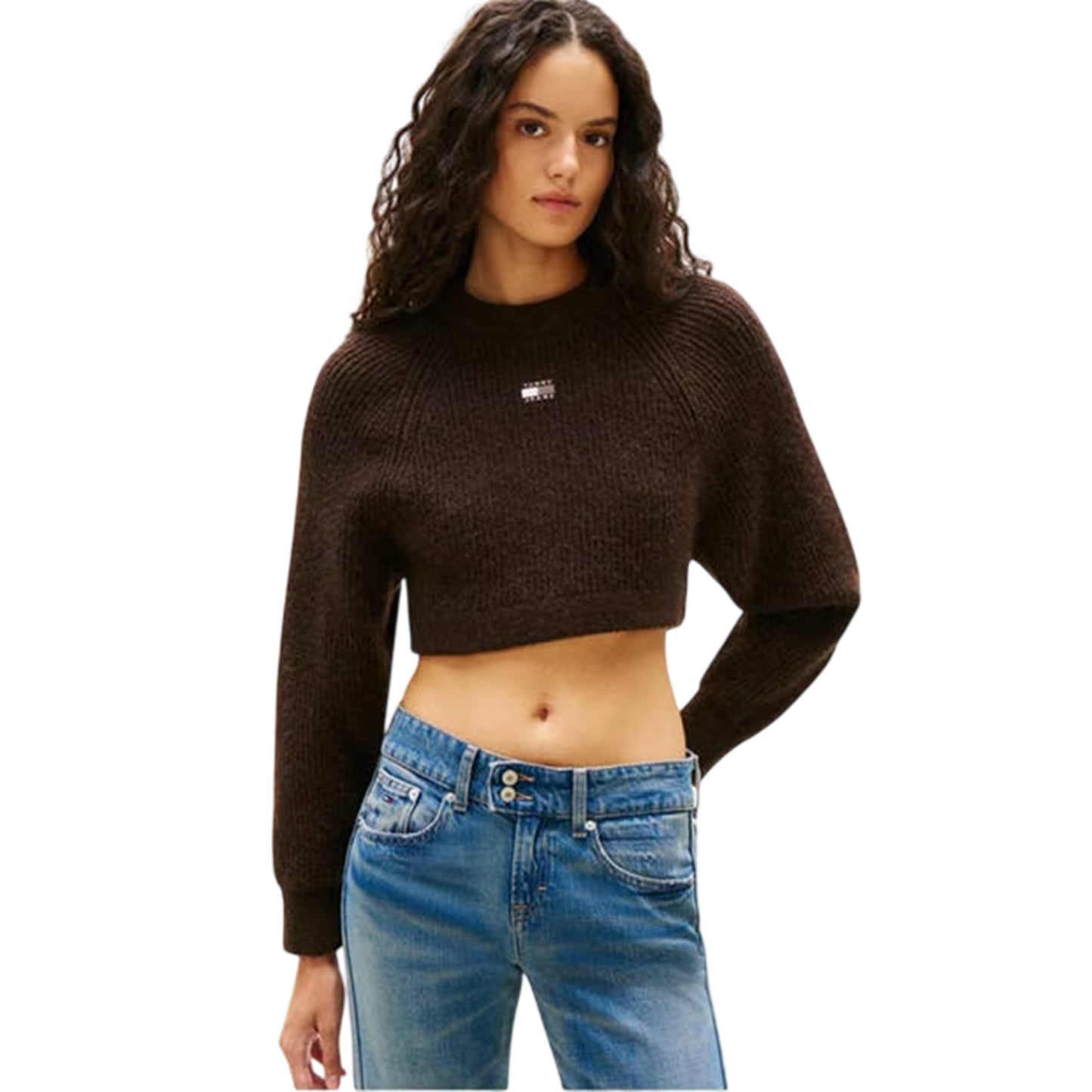 Walnut - Back - Tommy Jeans Womens-Ladies Knitted Cropped Raglan Jumper