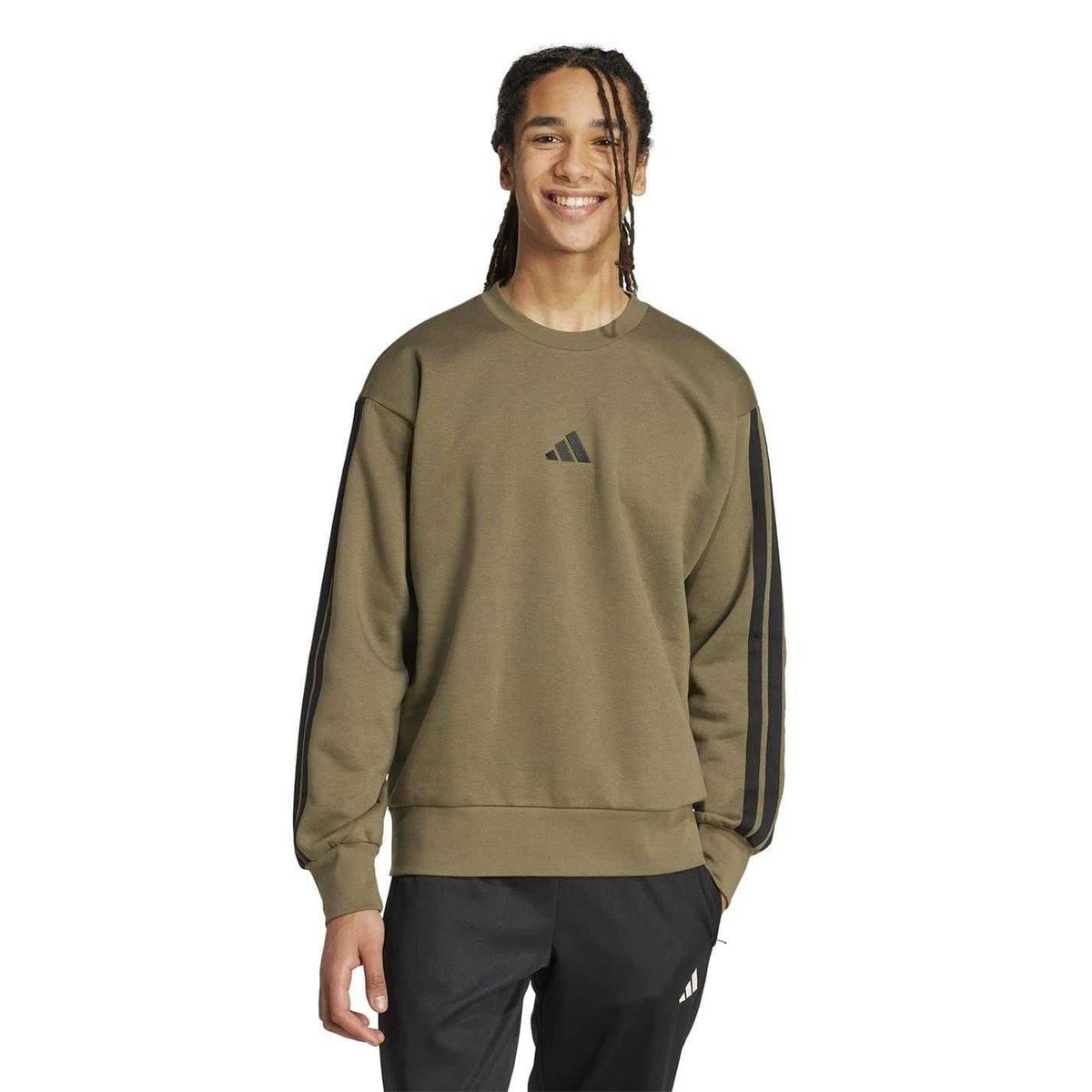 Olive Strata - Side - Adidas Mens Essentials 3 Stripes Fleece Sweatshirt