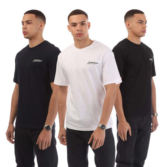 Navy - Front - Jack And Jones Mens Beau Footprint Cotton Regular T-Shirt (Pack of 3)
