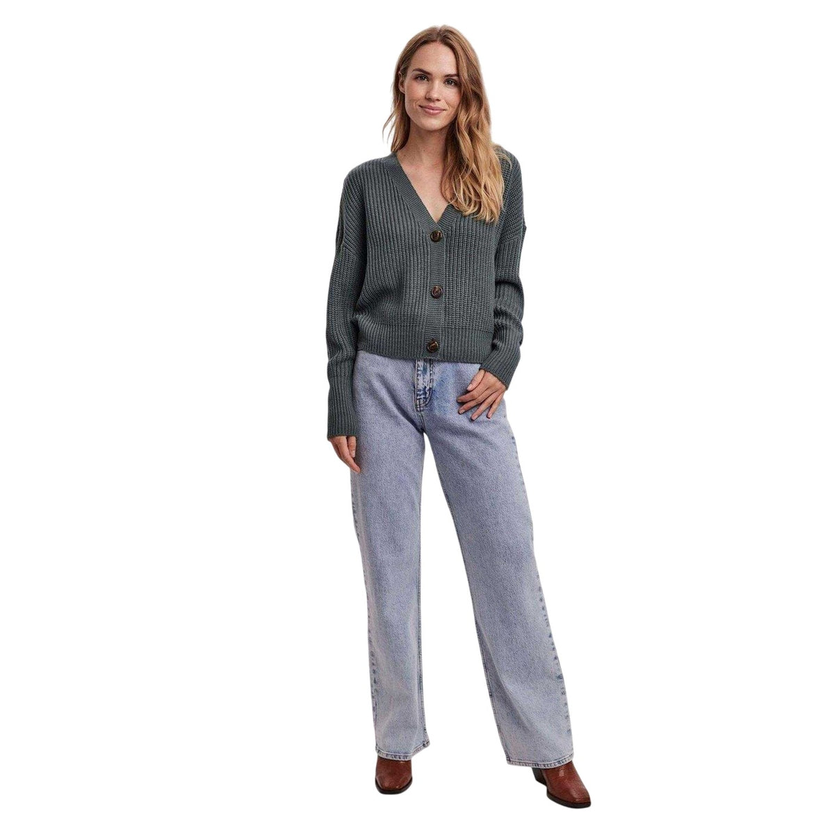 Balsam Green - Pack Shot - Vero Moda Womens-Ladies Ribbed Cuffed Relaxed Fit Cardigan