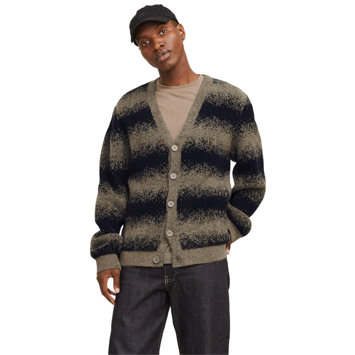 Greige - Lifestyle - Jack And Jones Mens Striped Chunky Knit Relaxed Fit Cardigan