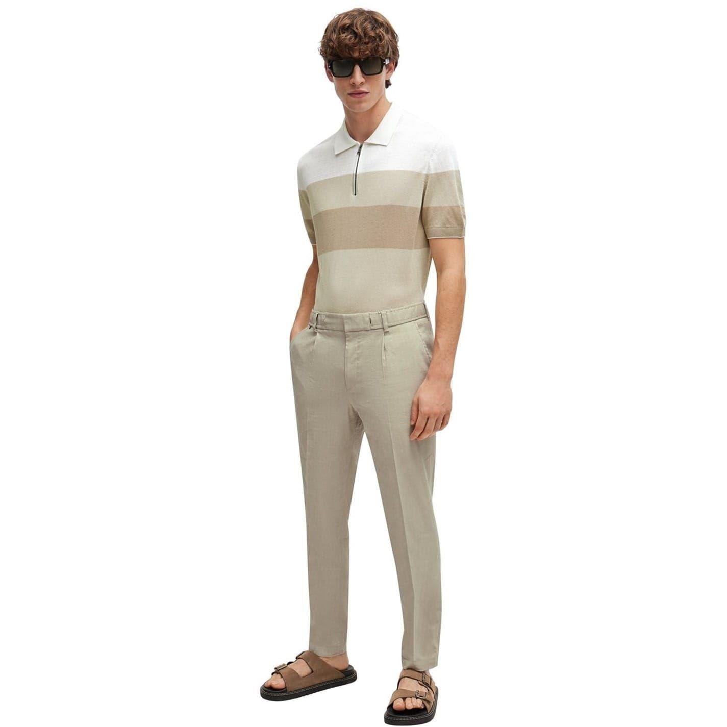 Light Beige - Pack Shot - Boss Mens Trieste Stripe Knitted Polo Shirt