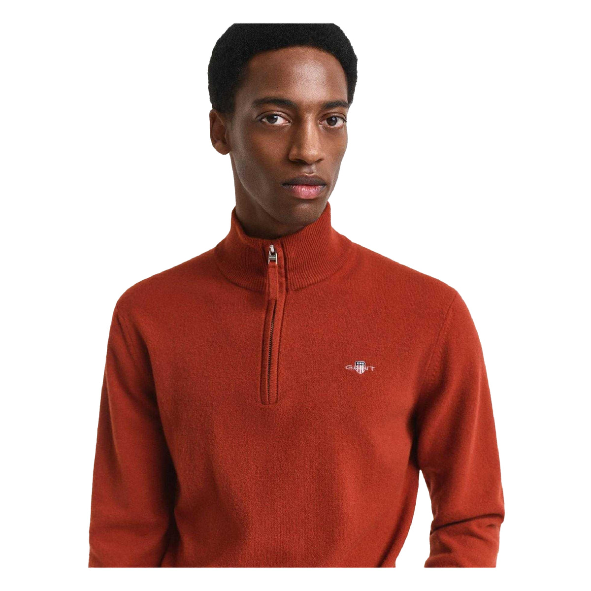 Brown - Side - Gant Mens Lambswool Half Zip Jumper