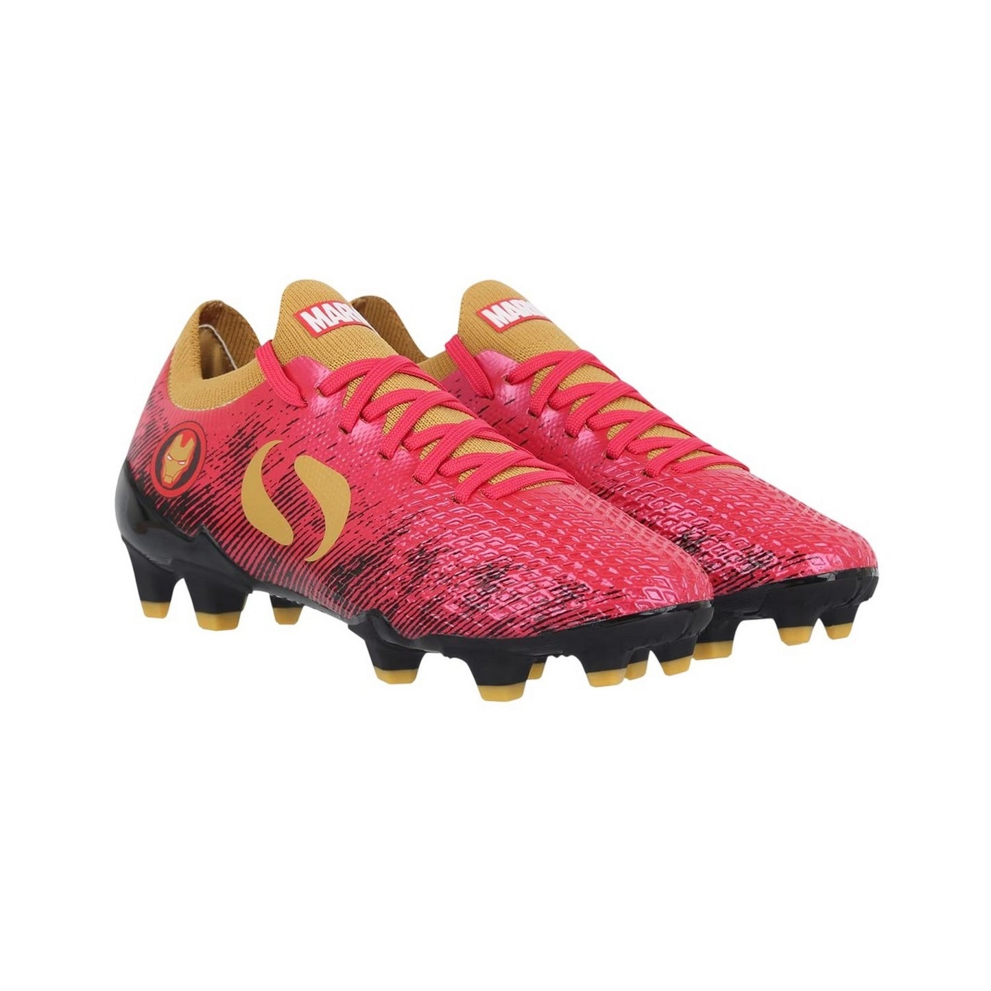 Red-Gold - Pack Shot - Sondico Childrens-Kids Blaze Iron Man Firm Ground Football Boots