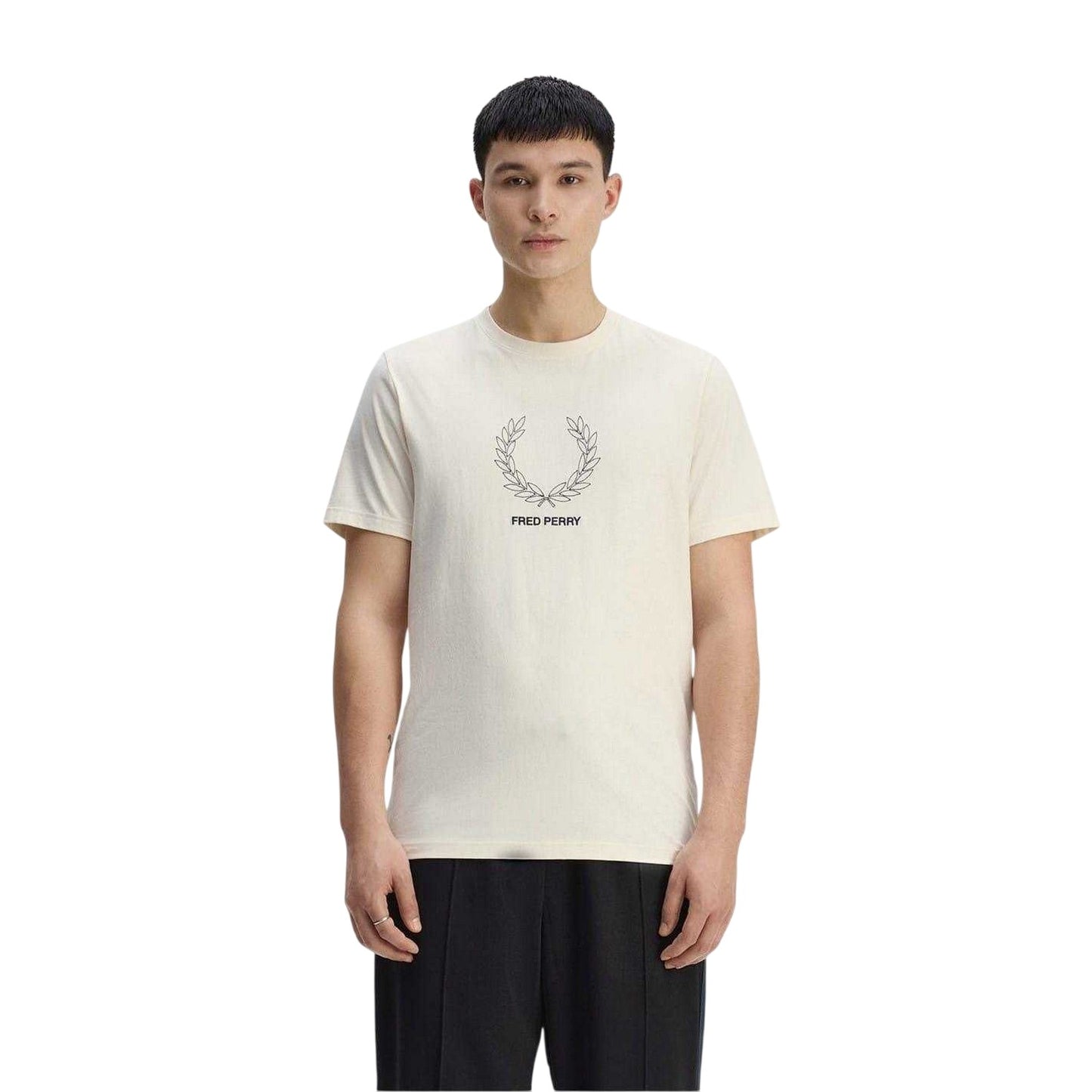 Ecru - Side - Fred Perry Mens Wreath Logo Regular T-Shirt