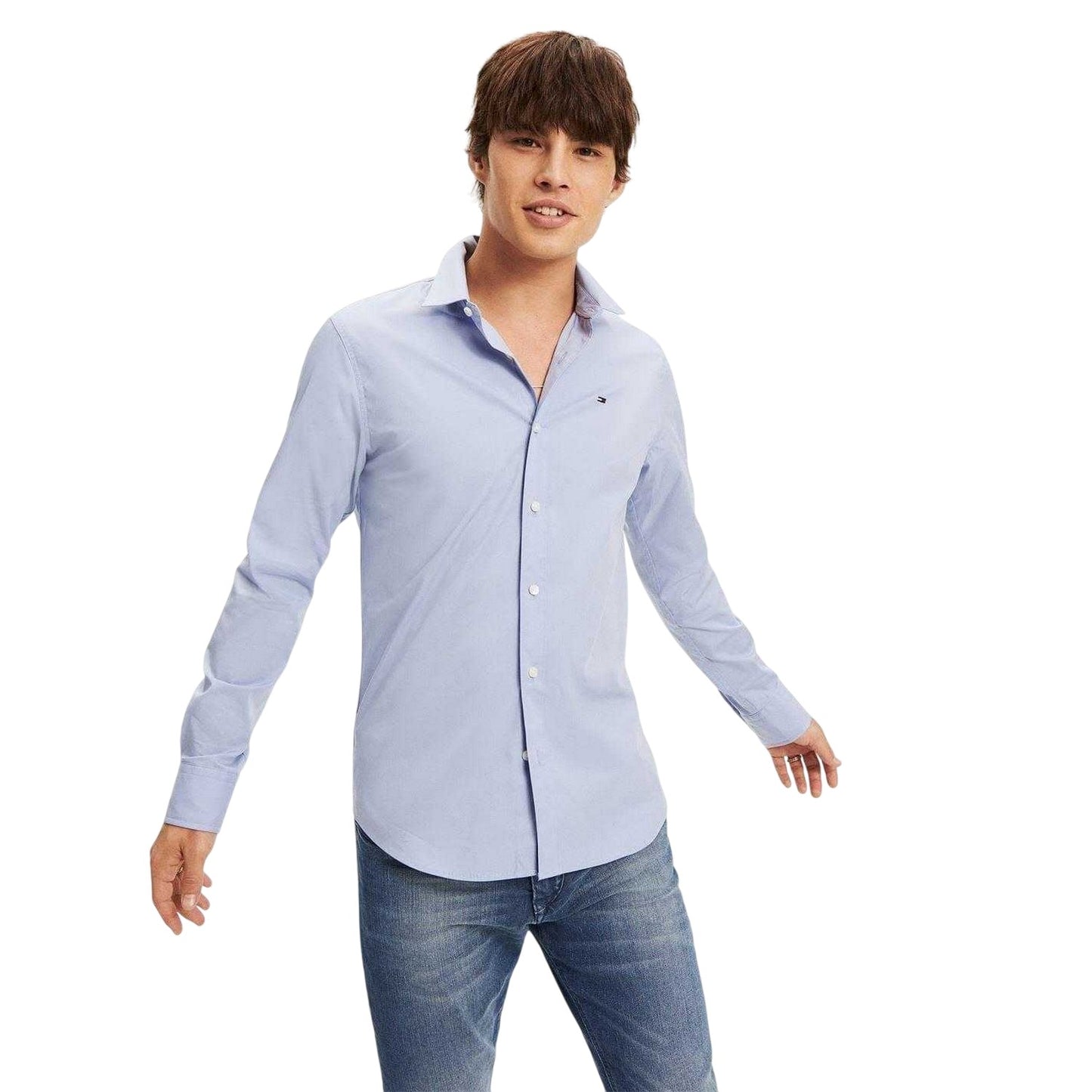 Blue - Side - Tommy Jeans Mens Plain Stretch Long-Sleeved Shirt