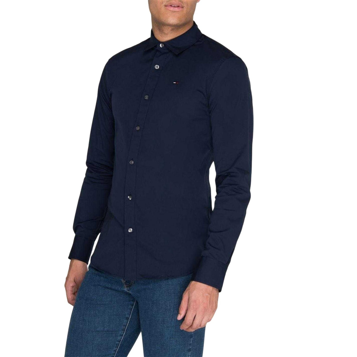Navy - Side - Tommy Jeans Mens Plain Stretch Long-Sleeved Shirt