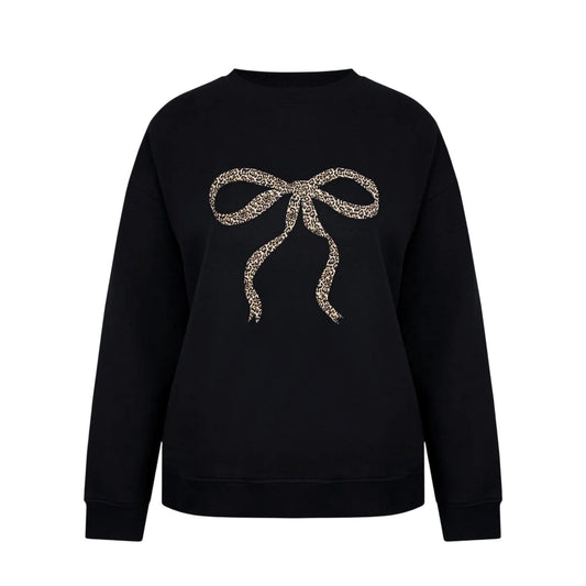 Black-Leopard - Front - Miso Womens-Ladies Bow Crew Neck Long-Sleeved Sweatshirt