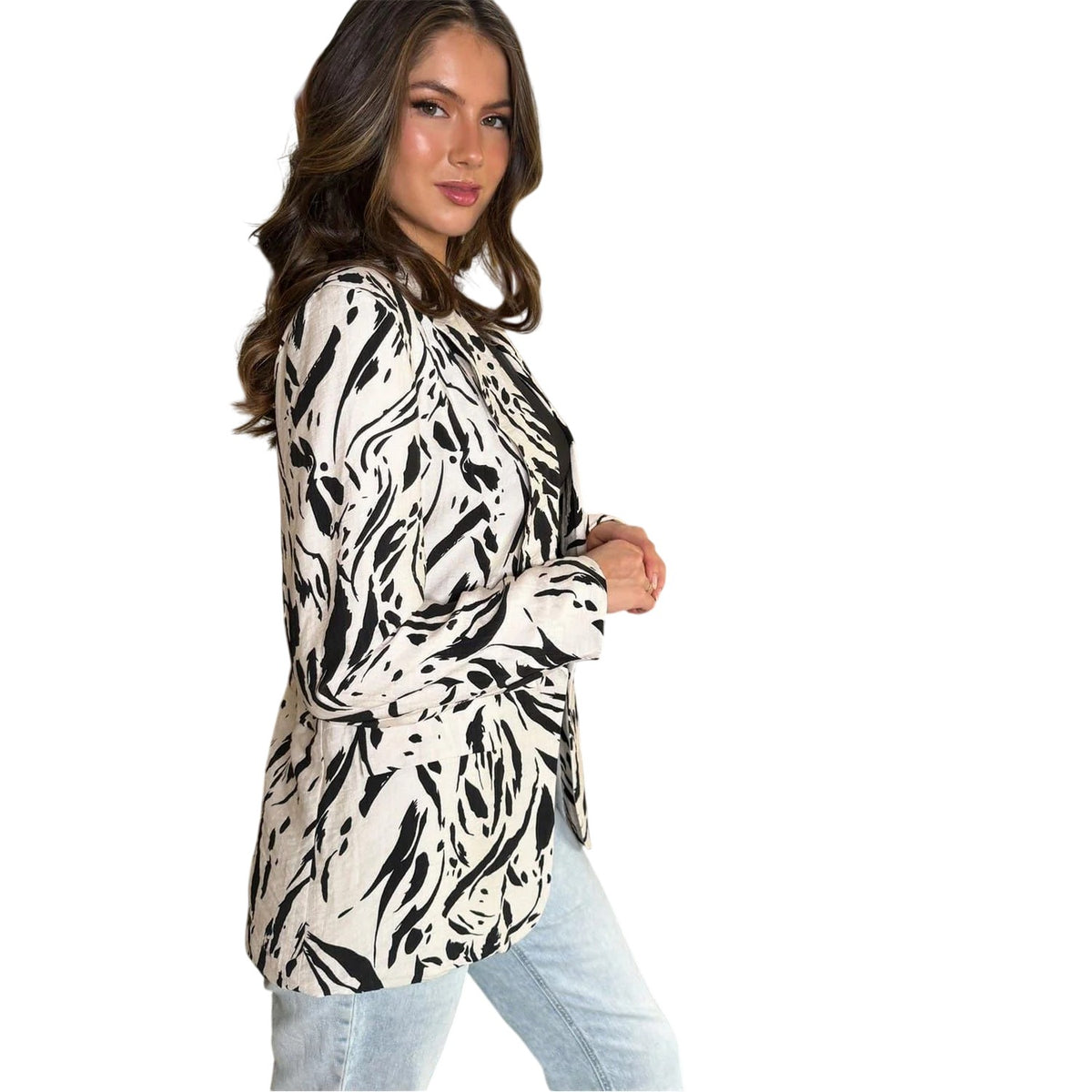Cream-Black - Side - AX Paris Womens-Ladies Brush Stroke Blazer
