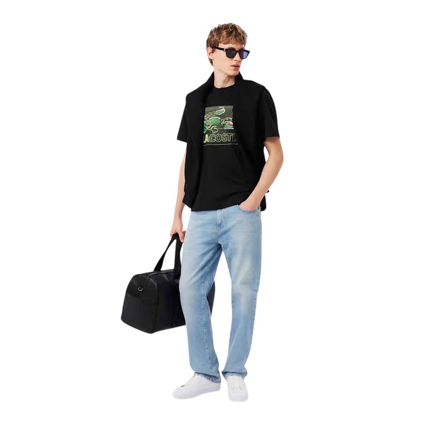 Black - Side - Lacoste Mens Grid Crocodile Cotton T-Shirt